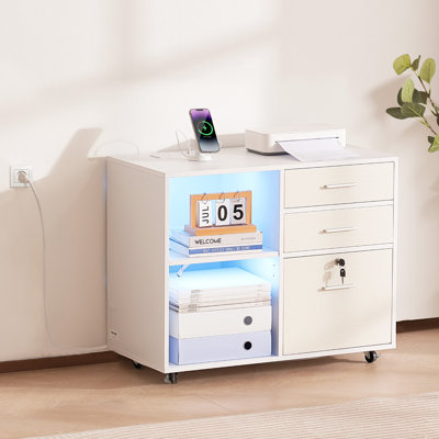 Classeur mobile 3 tiroirs en bois avec bande lumineuse blanc