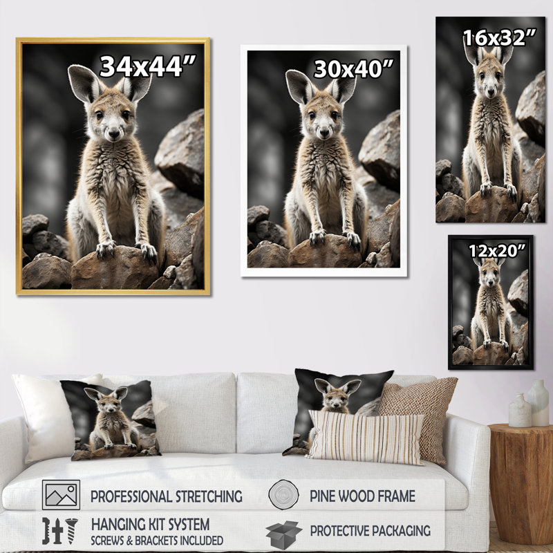 Décoration murale kangourou lié - animaux, Cadre flottant doré, H 32 po x l 16 po x P 1 po