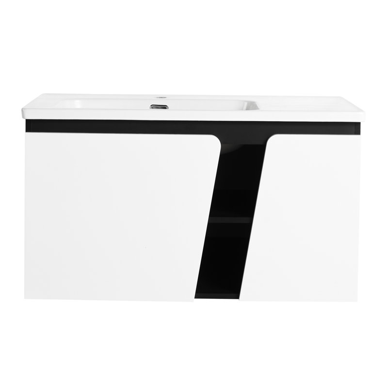 Meuble-lavabo de salle de bain avec lavabo en céramique. Fonction de porte à fermeture en douceur. Vue moderne. Contreplaqué. Blanc et noir Options coiffeuse bassin et portes. Regardez. Rangement pratique. Armoire en contreplaqué de qualité. + Finition