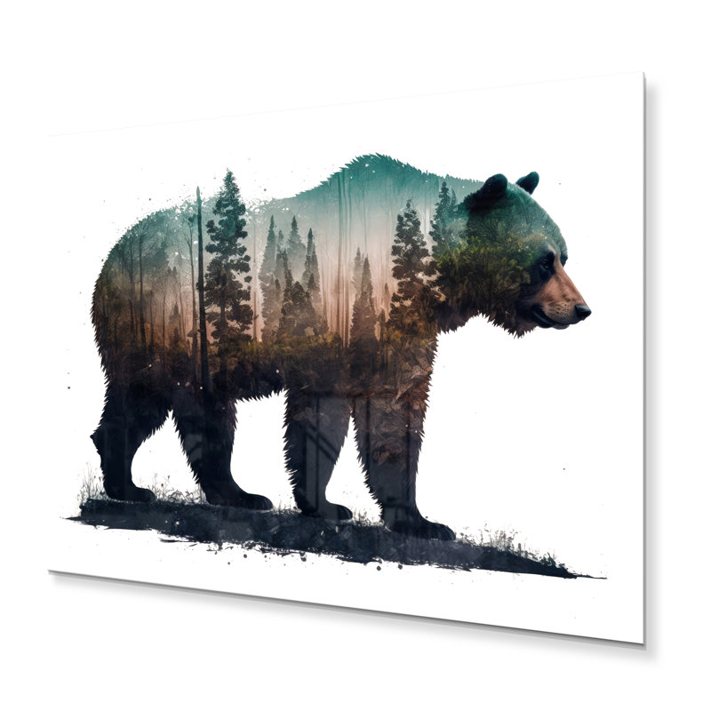 Double exposition d'un ours avec forêt II - décoration murale moderne en métal, H 12 po x l 20 po