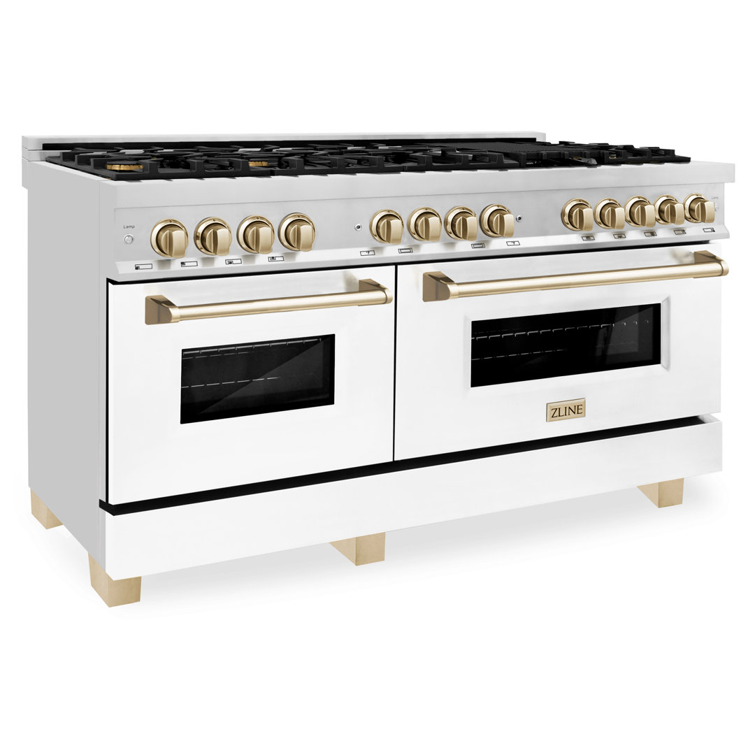 ZLINE Autograph Edition 60 in. 7.4 cu. ft. Legacy Dual Fuel Range W/ 9 Burner Gas Cooktop & 2 Electric Convection Ovens in Stainless Steel W/ White Matte Doors & Polished Gold Accents (RAZ-WM-60-G) ZLINE Appliance 