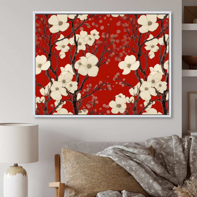 Élégance sur toile rouge et blanc Dogwood, Cadre flottant blanc, H 24 po x l 32 po x P 1 po