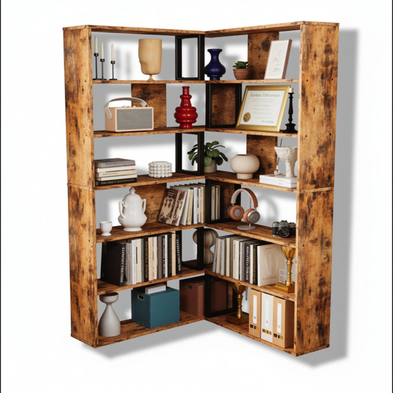 Rustic Industrial L-Shaped Corner Bookcase with Open Shelves and Wood Grain Finish