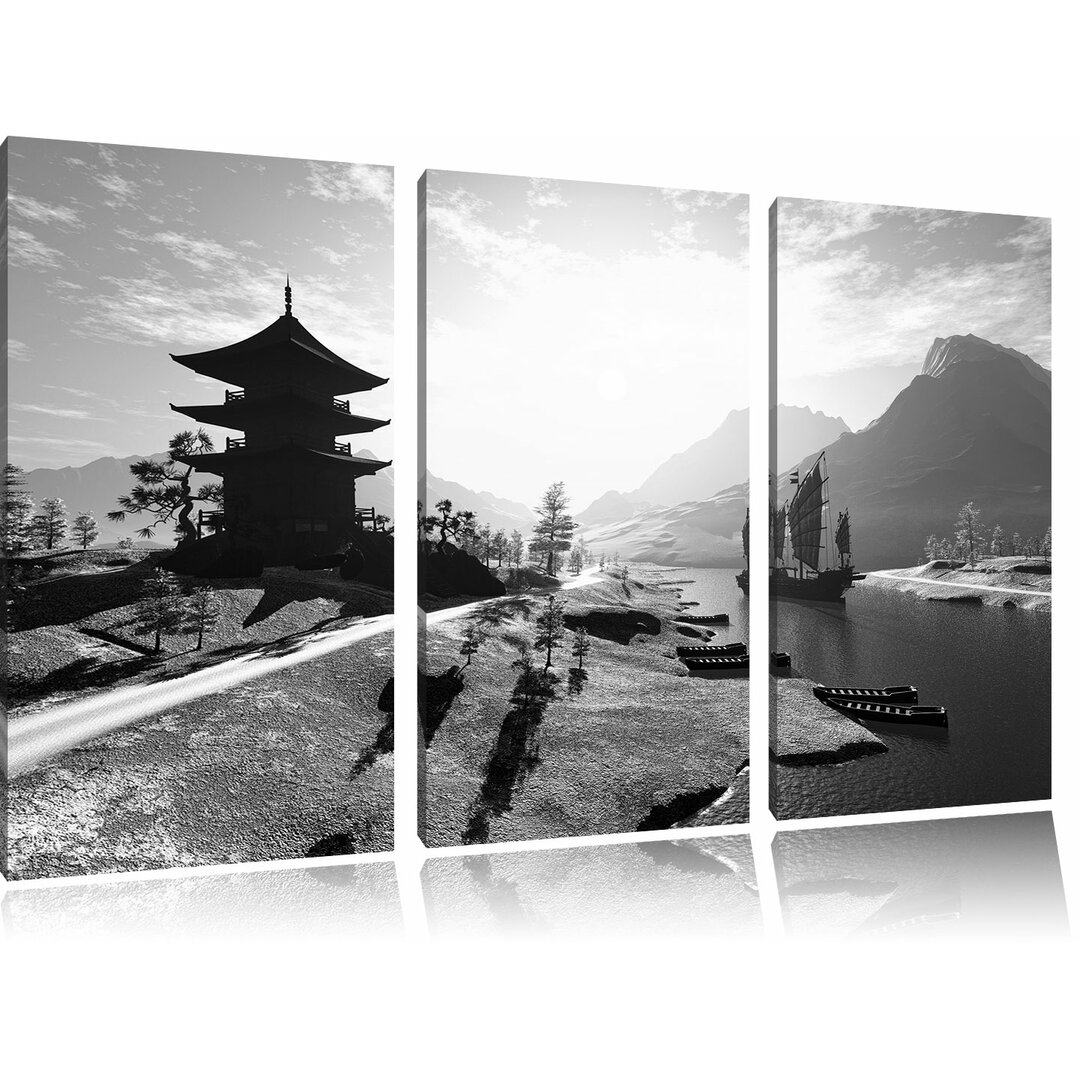 3-tlg. Leinwandbilder-Set „Beeindruckender asiatischer Tempel am Fluss“, Fotodruck