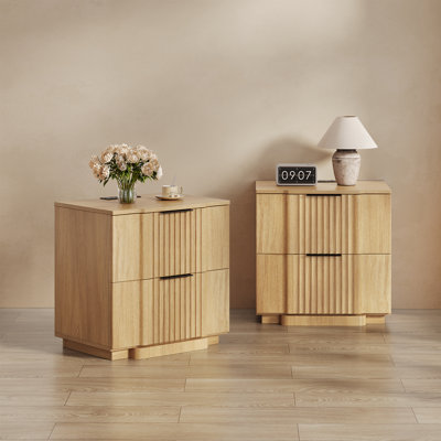 Designer Modern Minimalist Style 2-drawer Fluted Panel Nightstand With Charging Station（set Of 2）