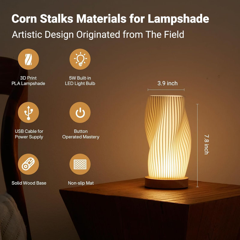 Dimmable Bedside Lamp With Wood Base And 3D Printed PLA Lampshade - Adjustable Lighting For Bedroom, Living Room, Office, And Dorm