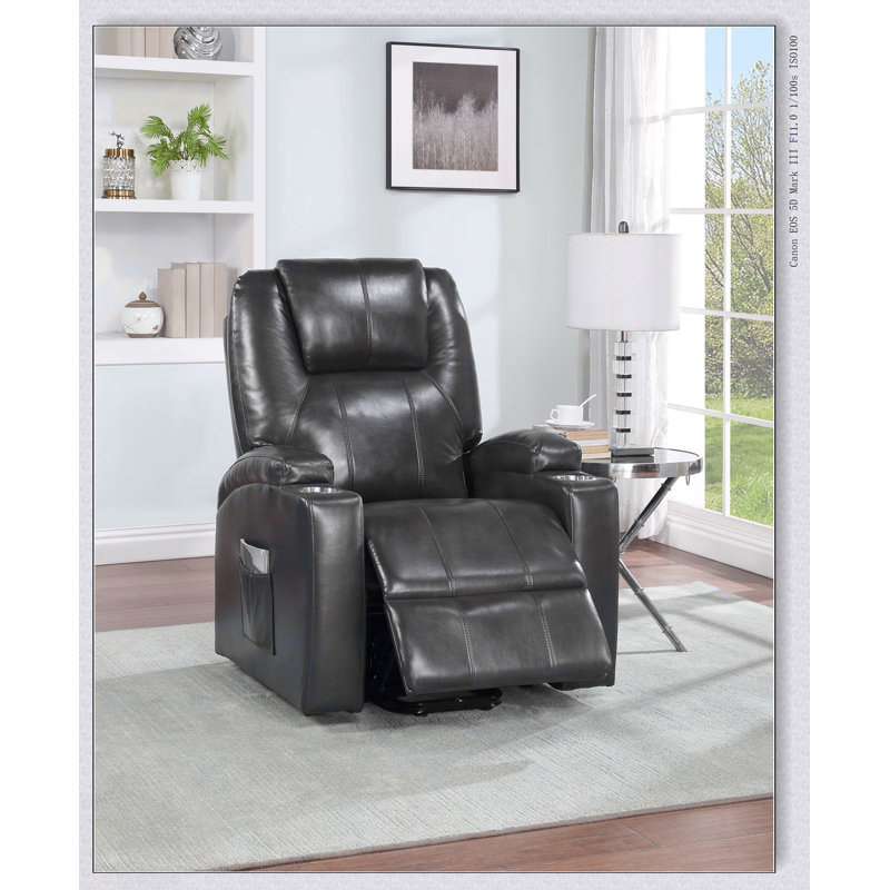 Fauteuil inclinable en cuir gris acier avec relevage électrique, massage et structure en bois robuste pour un confort et un soutien ultimes