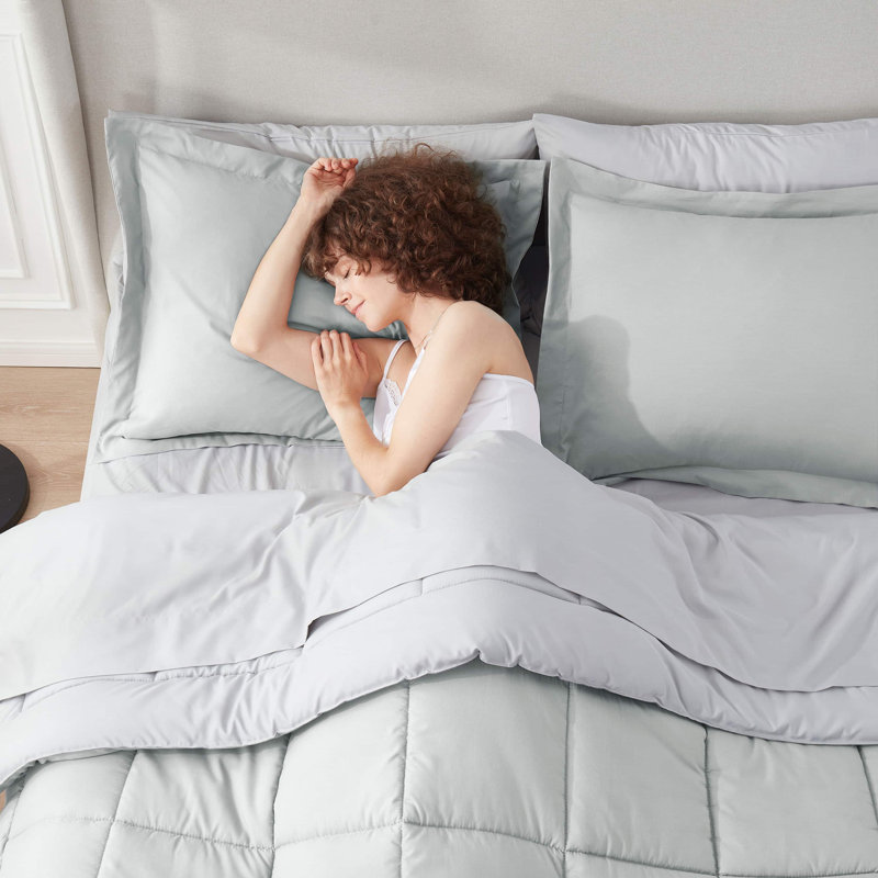 Bed-in-A-Bag Reversible Comforter Set with Bed Sheets & Memory Foam Cooling Pillows, Light Gray