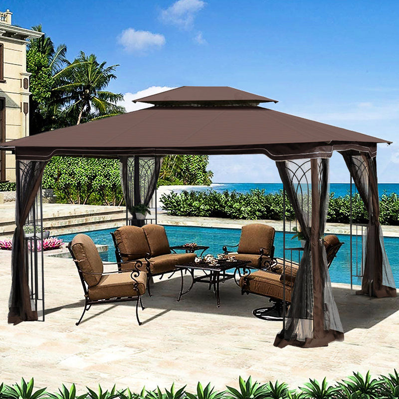Auvent d'extérieur pour abri de jardin 13X10 avec soleil - matériau et moustiquaire - structure de patio brun