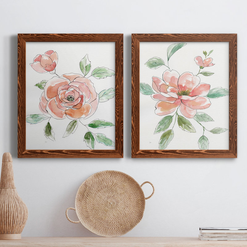 Rose Contour - ensemble de 2 peintures sur toile encadrées, Cadre en érable, H 20 po x l 34 po x P 1,5 po