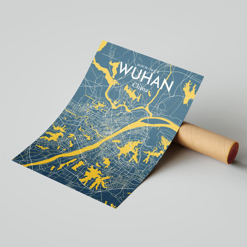 Carte de la ville de Whan, impression, Bleu / jaune, H 24 po x l 18 po