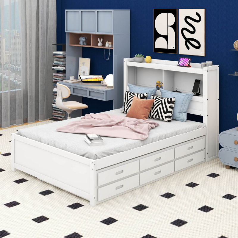 Bookcase Full Size Bed with Trundle, Drawers and USB Plugs, White