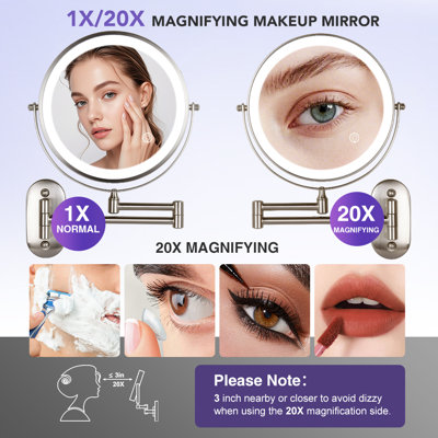8.5" Round Metal Led Wall Mounted Makeup Mirror, Rechargeable 1X/20X Magnifying Bathroom Vanity Mirror, Nickel