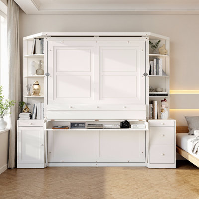 Grand lit escamotable avec bureau et tablettes de rangement, lit escamotable