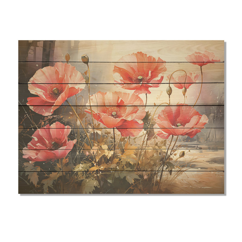Red And Green Poppy Reverie III - Poppies On Wood Print, 34" H x 44" W x 0.78" D