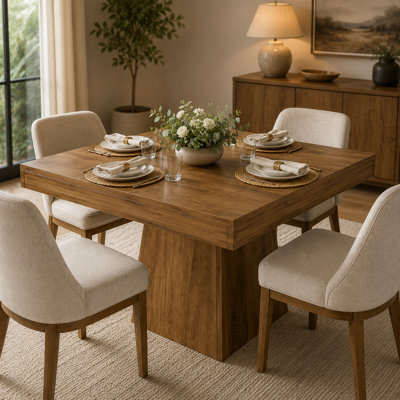 Solid wood square farmhouse-style dining table featuring a sturdy, thickened tabletop; a minimalist, vintage-inspired table suitable for kitchens and dining rooms.
