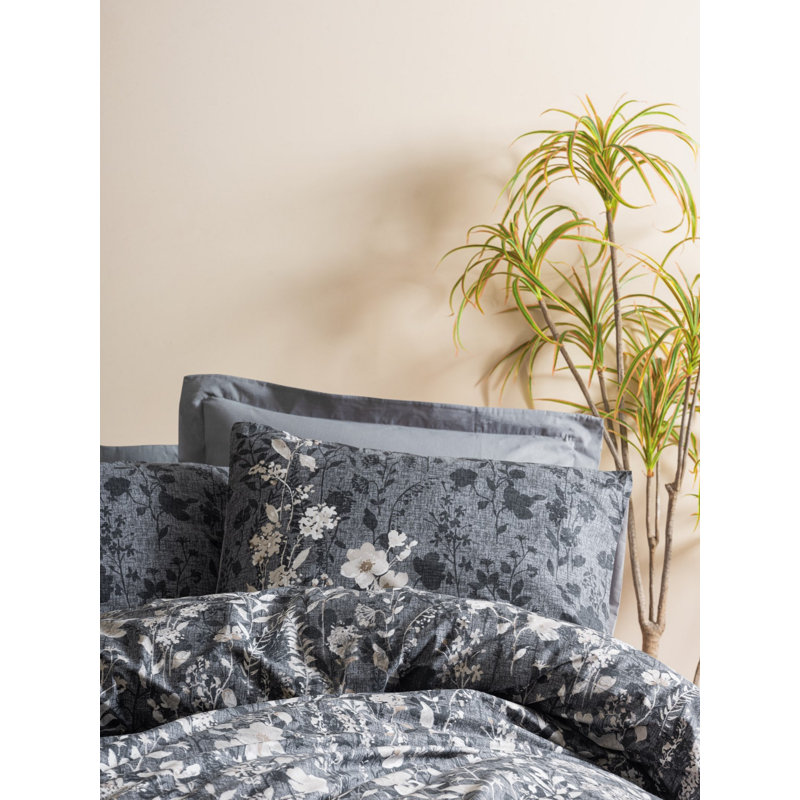 Ensemble de housse de courtepointe Luxury Ranforce, très grand, anthracite, 61,0 x 86,6 pouces | 100% coton, 145 fils | Comprend 1 taie d'oreiller (31,5 po x 31,5 po) | Lavable à la machine, impression élégante de pigment, fermeture à boutons