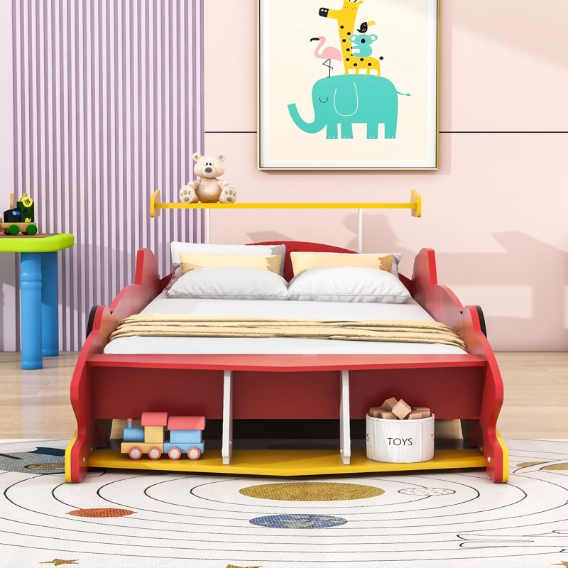 Platform Bed with Guardrails and Wheels, Race Car-Shaped Design, Red, Twin