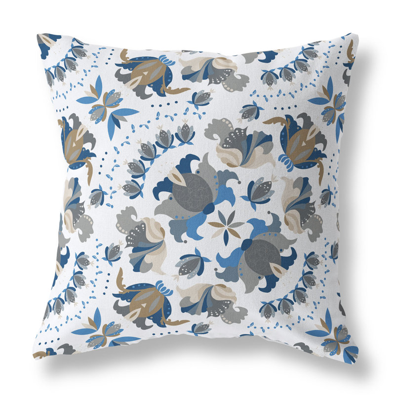 Coussin décoratif intérieur / extérieur Folk Art Flourish, Bleu/gris, H 26 po x l 26 po