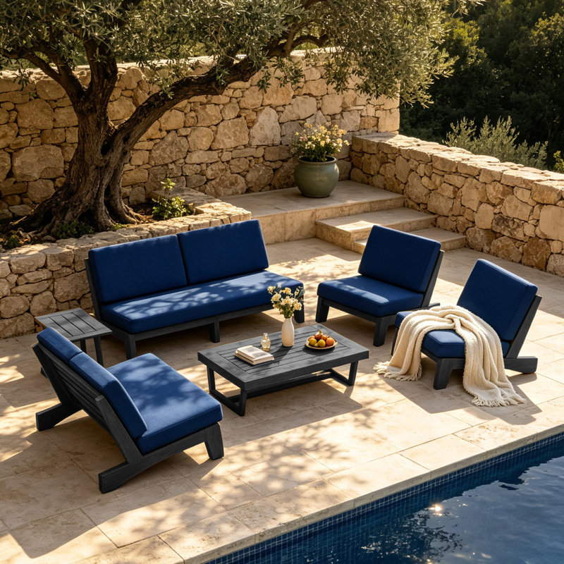 Ensemble de conversation Polett, 6 Pcs: 2 Tables, Loveseat, 2 Chairs, Sofa, Navy, Black