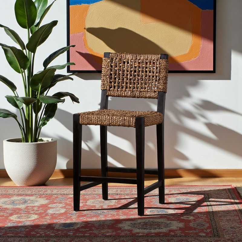 Thalia Counter Stool With Brown Mahogany Wood and Seagrass Design, 37.90'' H X 17.90'' W X 22.17'' D