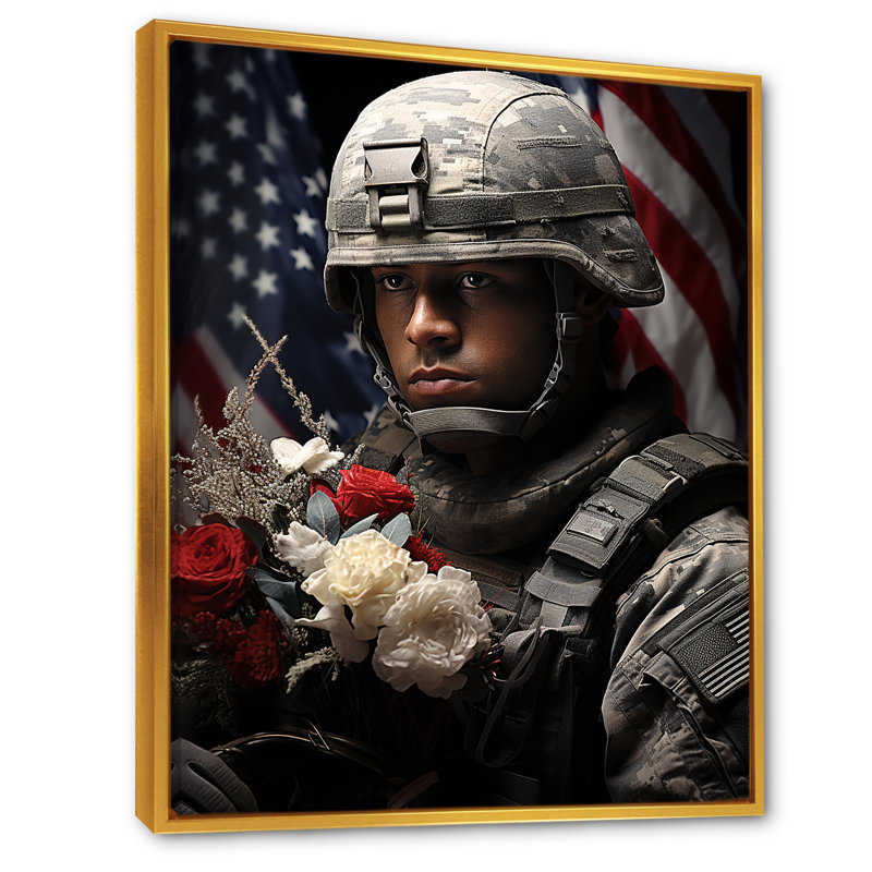 «Military Patriot Solider USA», impression sur toile, Cadre flottant doré, H 44 po x l 34 po x P 1,5 po