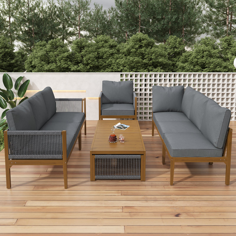 Acacia Wood 7-seat Corner Sofa Set With Coffee Table & Rope Armrests, Brown Wood, Grey