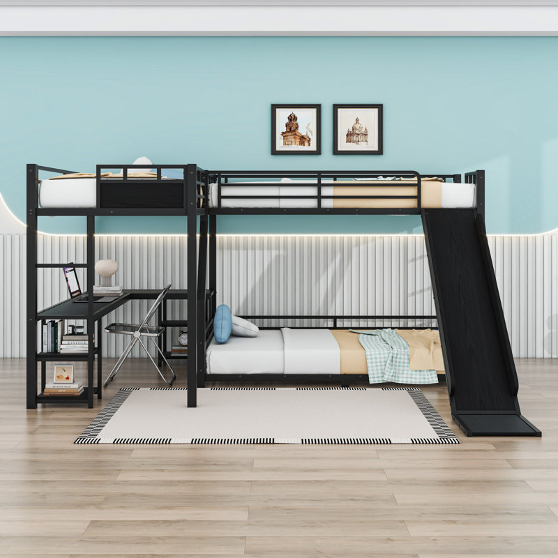 Lit superposé triple en L avec glissade, bureau et rangement en L, Extra Long Twin and Extra Long Twin Over Queen