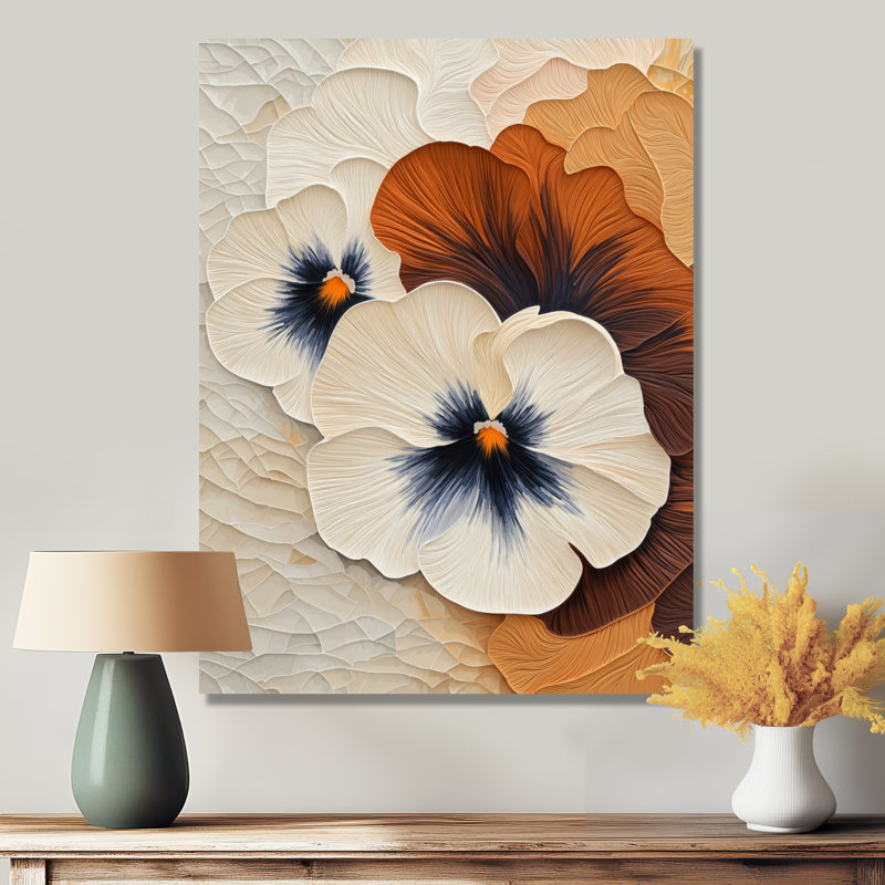 «Pansy Velvet Petals» en orange et beige II - Pensées, impression sur métal traditionnelle, H 32 po x l 24 po x P 0,84 po