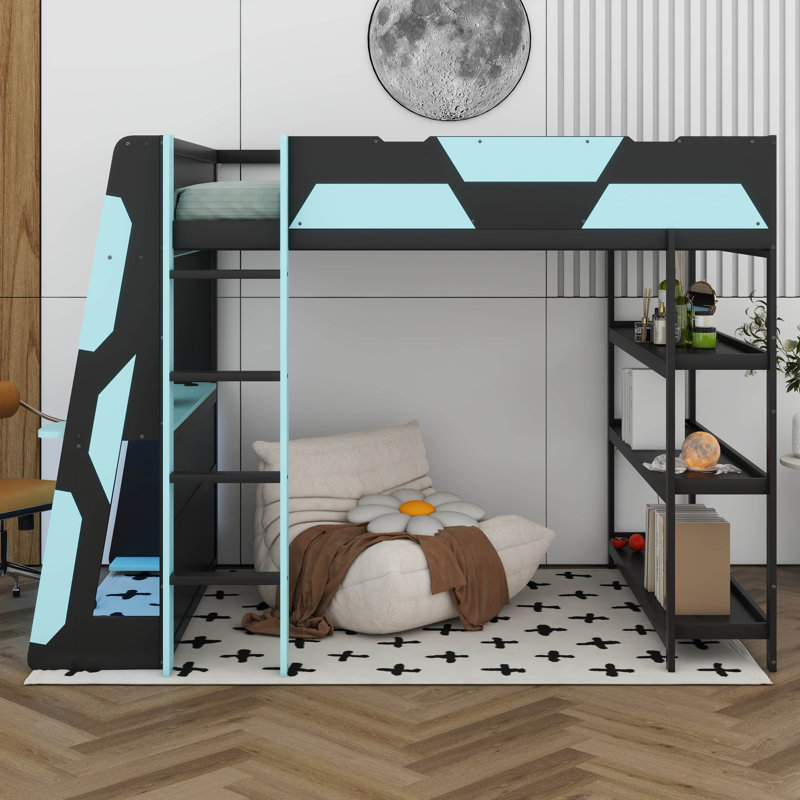 Gaming Loft Bed With Desk & Storage Shelves, Built-In Power Outlets & USB Ports, LED Lights, Black/Blue