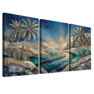 Palm Trees and River in Gold Marble Set Of 3 Canvas Wall Art