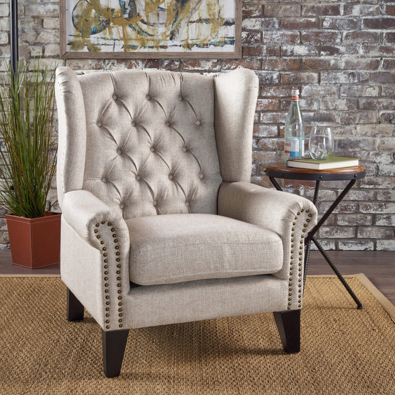 Fauteuil à oreilles capitonné Osvaldo, Polyester beige