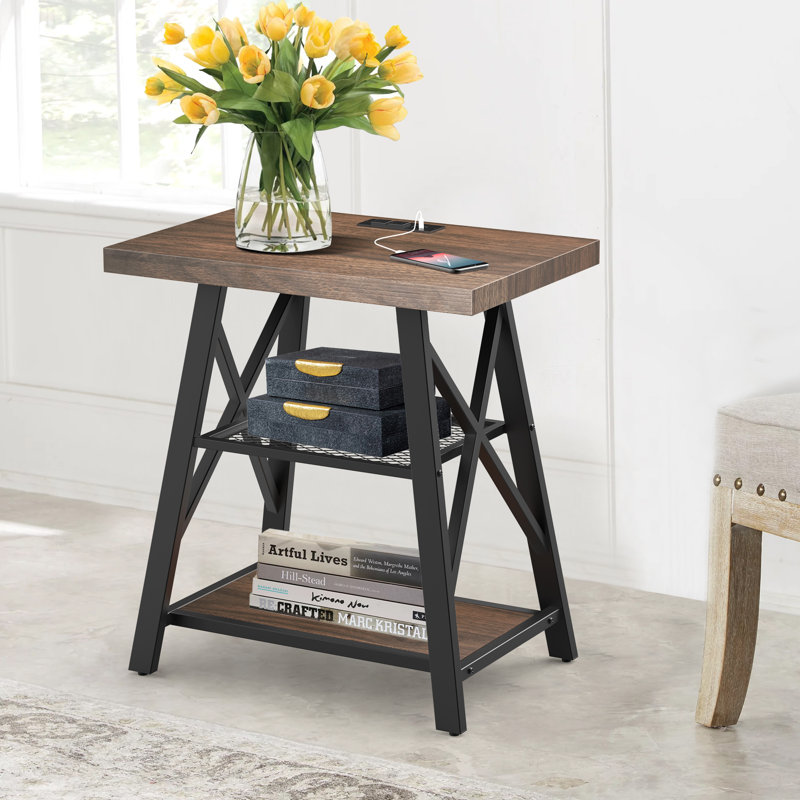 Stokesvale Tall End Table Nightstand with 2 USB Ports, 2 Power Outlets, and 2 Storage Shelves, Dark Walnut