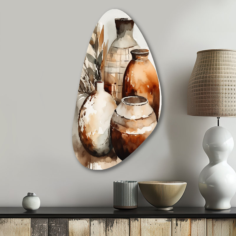 «Lasser Brown and Cream Earthen Elegant Vase I - Boho Pottery, impression asymétrique sur métal, art mural traditionnel en métal Freeform