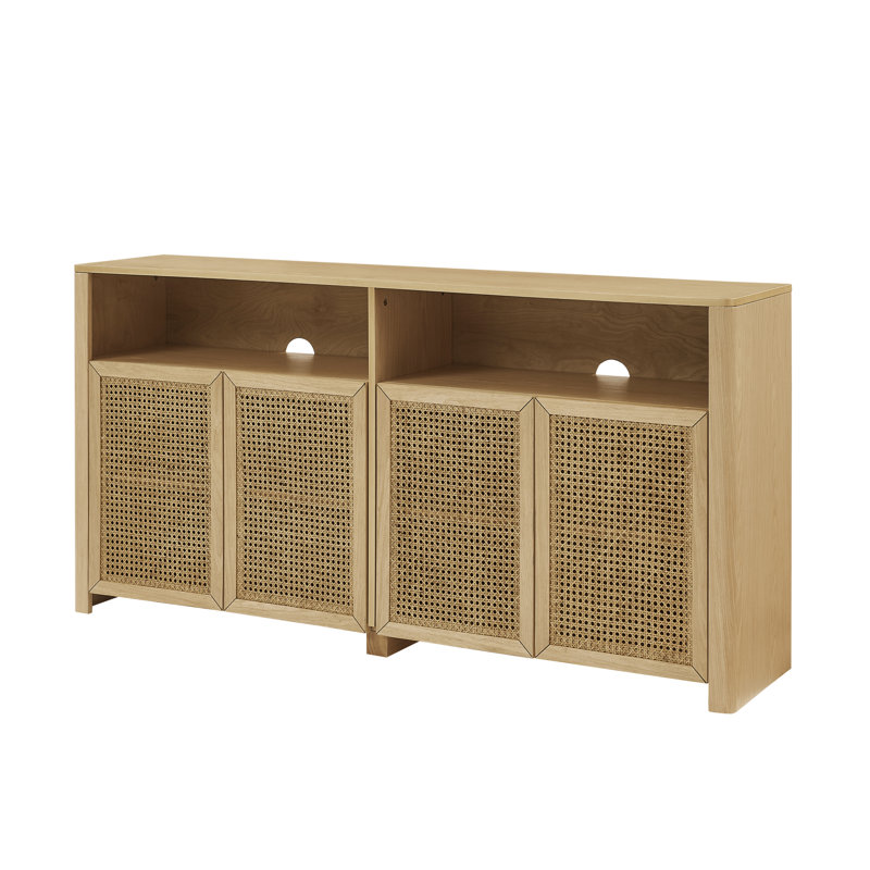 Buffet moderne en rotin de 63 po avec rangement et tablette ouverte, Natural