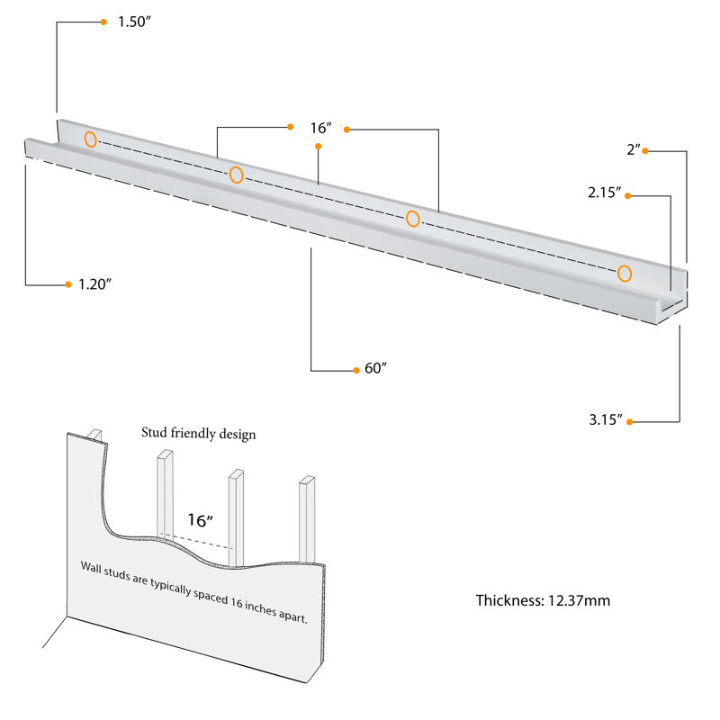 Turnerville 2 Piece Picture Ledge Wall Shelf, White, 3.15" H x 60" W x 2" D