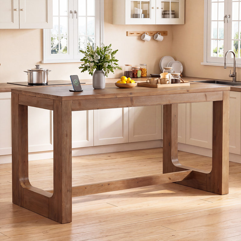 63" Solid Wood Kitchen Island, Counter Height Table, Rustic Brown