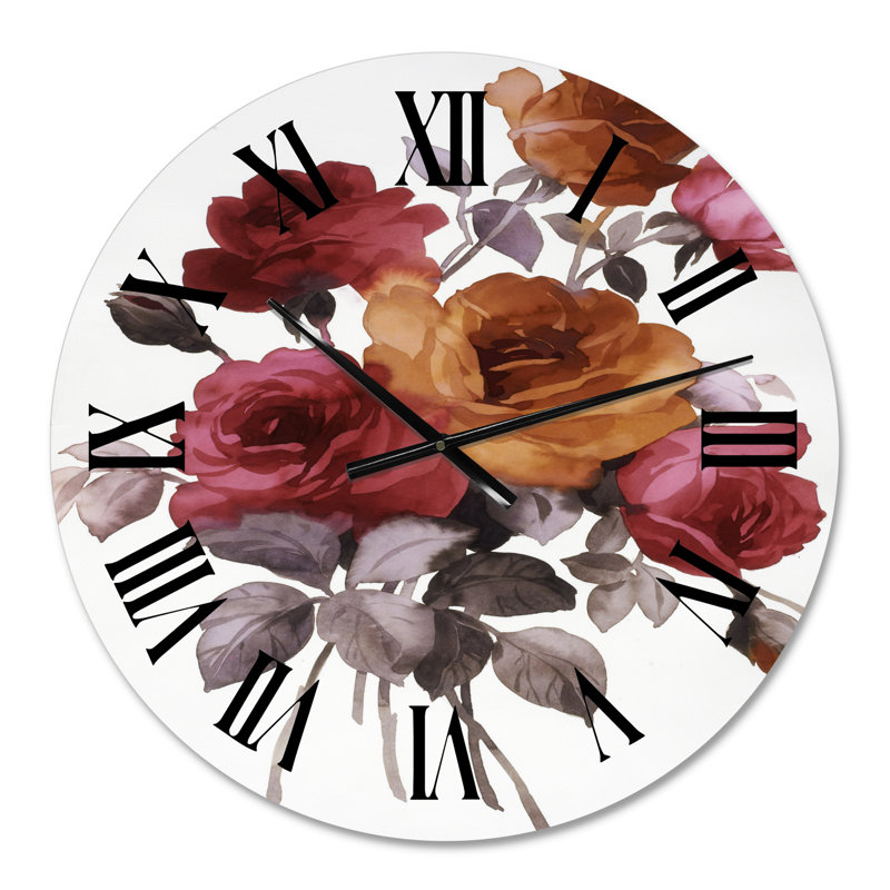 Orange rétro et roses rouges - horloge murale traditionnelle, Surdimensionné