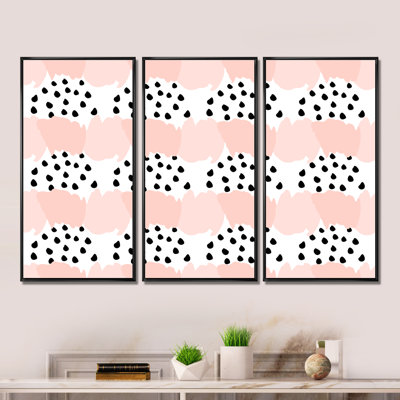 " Midcentury Pink Shapes With Black Polka Dots I " 3 - Pieces