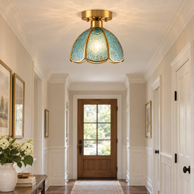 Vintage Blue Art Glass Flush Mount Ceiling Light, Brass Floral Shade