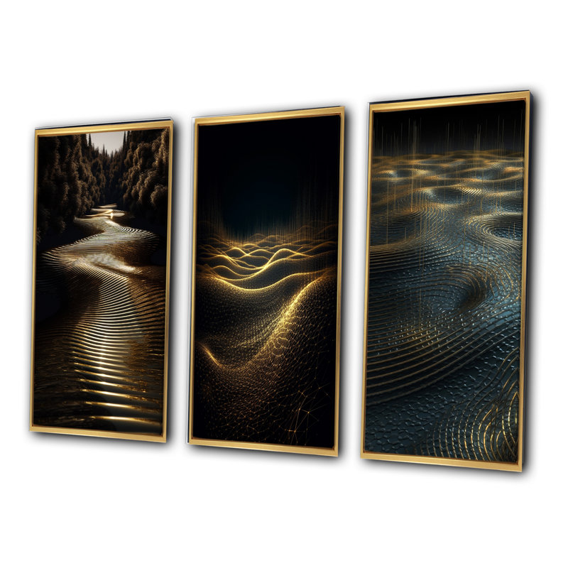 Lumière dorée réfléchie sur des ondes concentriques - ensemble de 3 impressions, Cadre flottant doré, H 28 po x l 36 po