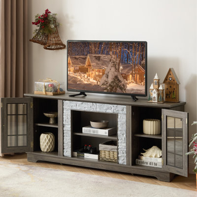 58" Modern Grey Media Console With 2-Door Storage, Faux Stone Design, 6 Cable Cutouts And 3 Shelves For Living Room 58.83'' Entertainment Center Finis
