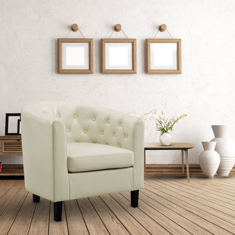 Tianny Tufted Accent Chair, Upholstered Barrel Chair, Faux Leather Accent Barrel Chair, Small Chairs, Cream Faux Leather