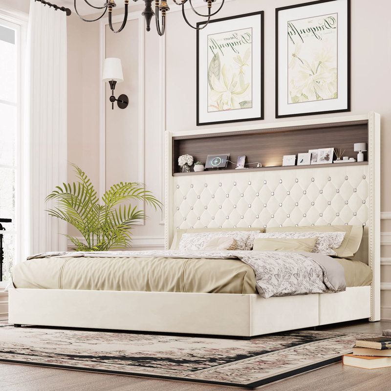 Wing-Back Platform Bed With Headboard Shelf, Beige, Queen