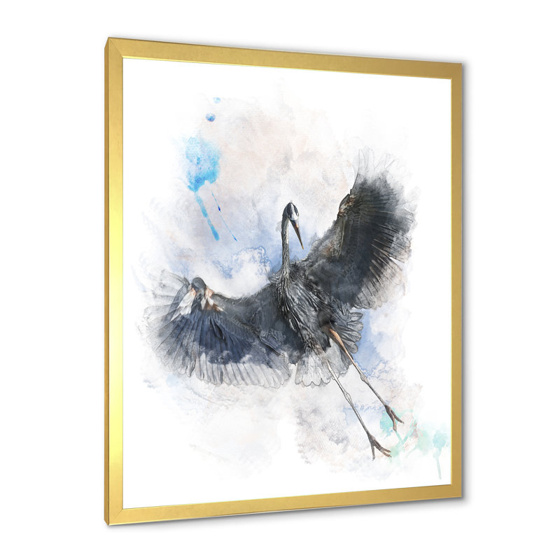 Great Blue Heron Bird - Peinture sur toile encadrée, H 32 po x l 24 po x P 1 po, Encadrement doré