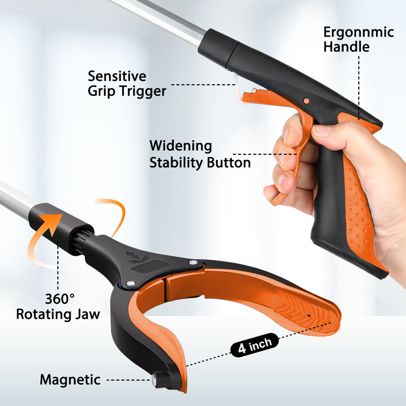 32" Grabber Reacher Tool, Foldable Grabber Reaching Tool, Lightweight Trash Picker Upper Tool for Elderly with Anti-Slip Rotating Rubber Gripper, Orange