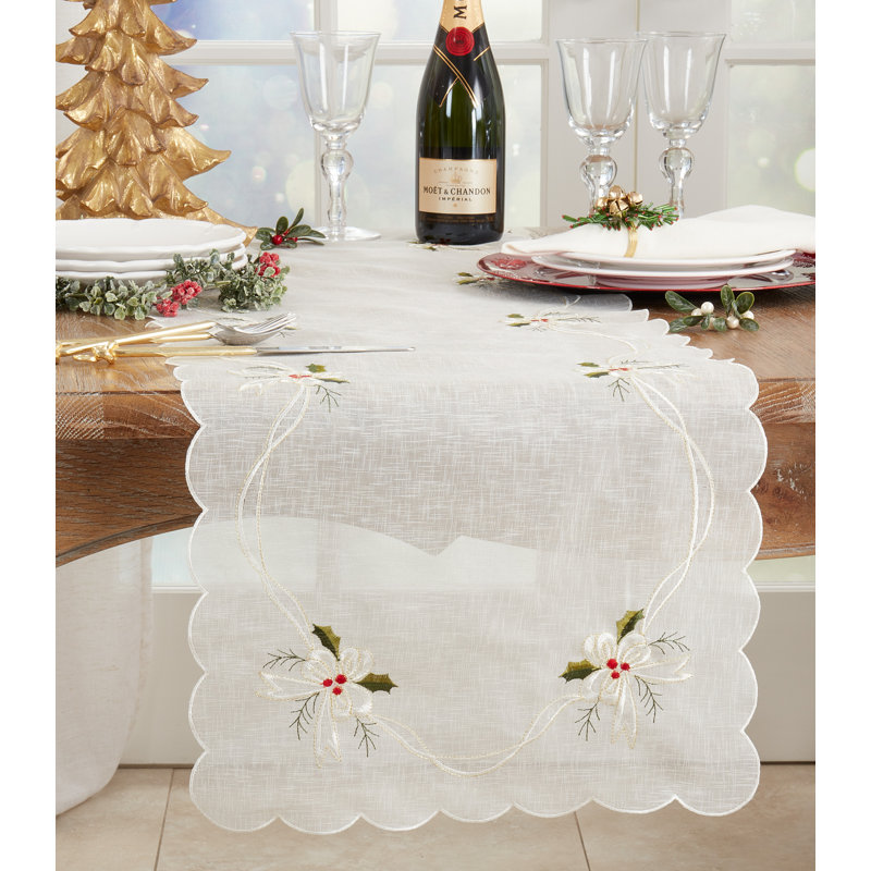 Runner_Holly And Ribbon Design Embroidered Table Runner, 90" L x 16" W