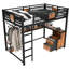 Lit mezzanine double avec bureau et tiroirs de rangement en tissu non tissé, structure de lit mezzanine en métal avec échelles, sans nosie et sans sommier. Noir