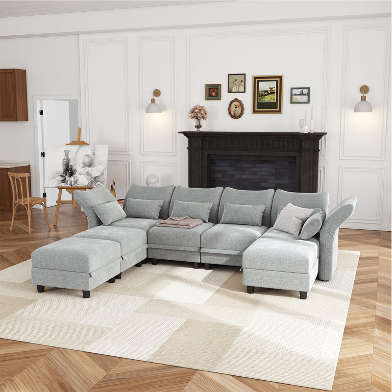 Ensemble de 7 pièces avec rangement Harlaii 102 po, Velours gris clair