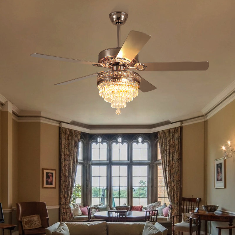 52"/62" Crystal Ceiling Fan Fandelier With Lights, Dark Walnut, 52"